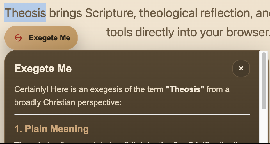 Screenshot of the Theosis Exegete Me feature